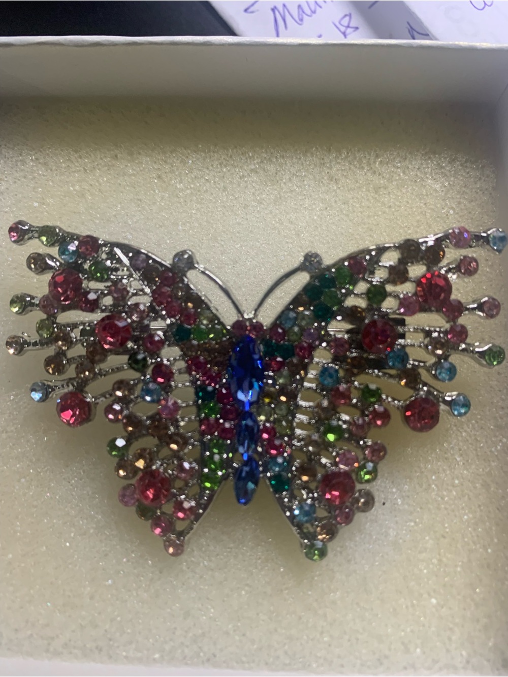 Beautiful Silver Tone Butterfly Brooch Pin With Multi Colored Rhinestones